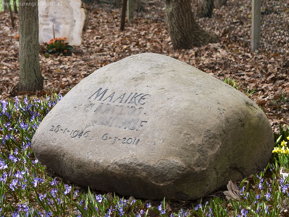 Zwerfkei als graf tussen bloeiende wilde hyacinten op een natuurbegraafplaats